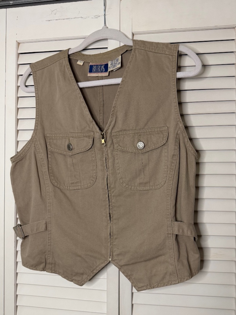Vintage Bill Blass Tan Adjustable Zip Up Vest w/Front Pockets Sz L Women's